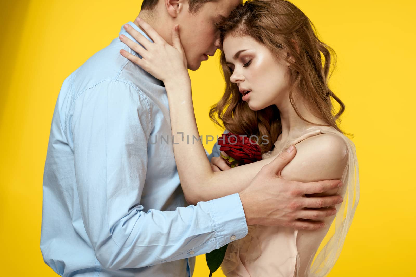 Enamored man and woman with red rose on yellow background cropped view close-up romance by SHOTPRIME