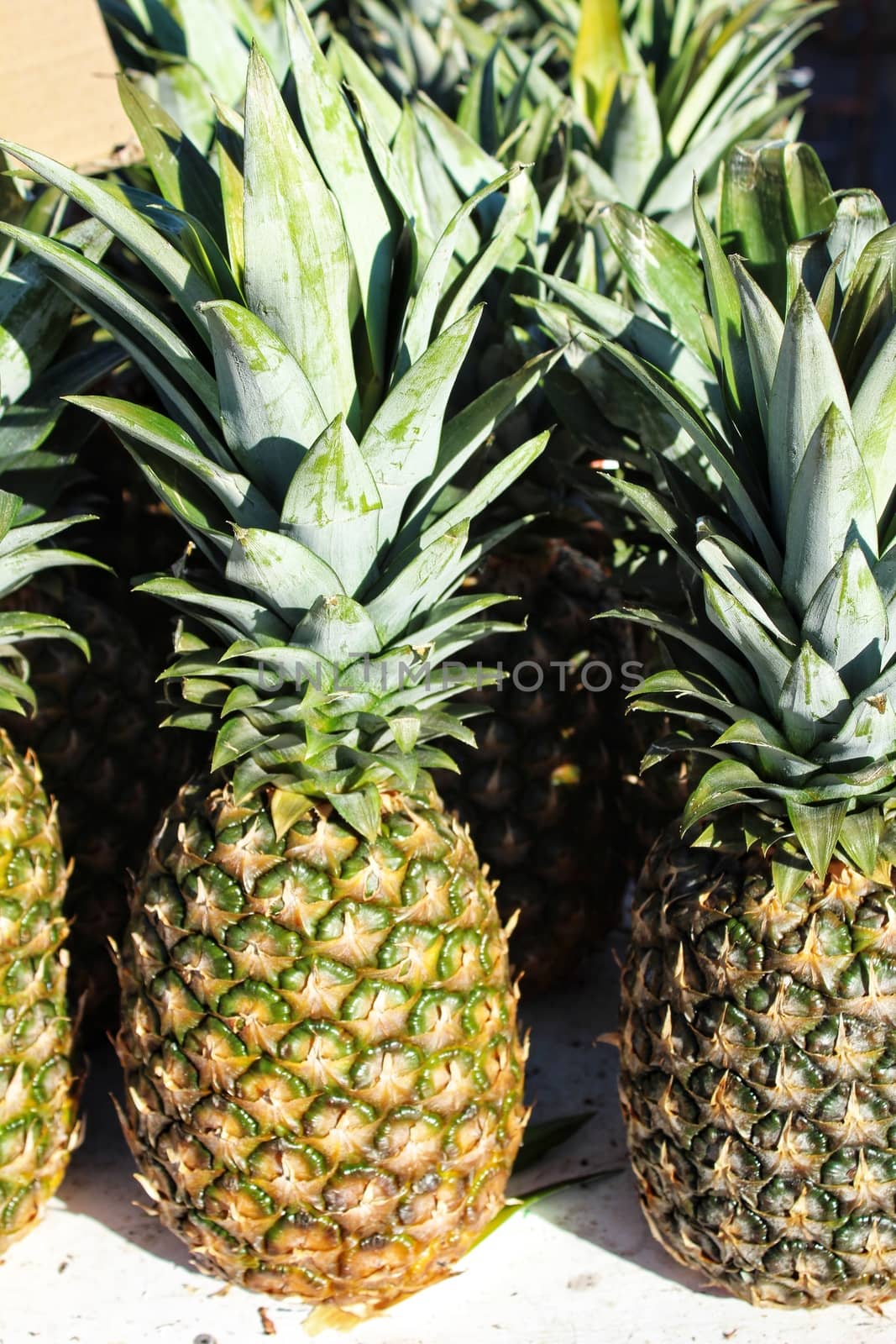 Colorful pineapples at a market stall by soniabonet