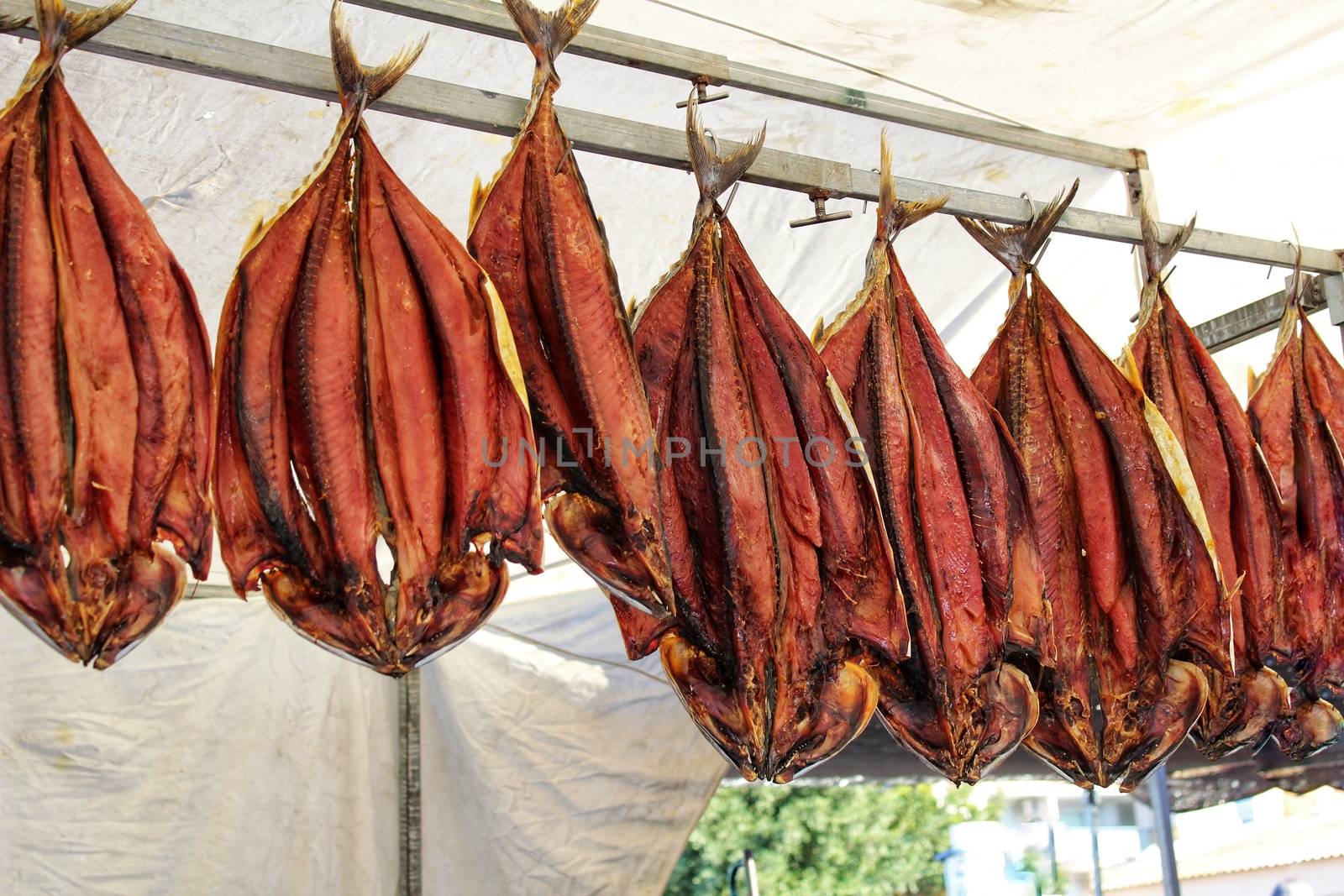 Salted fish products for sale at a market stall in Spain