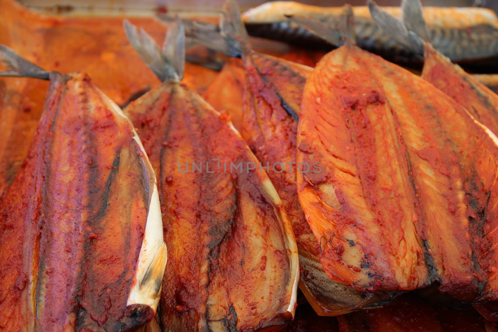 Salted fish products for sale at a market stall in Spain