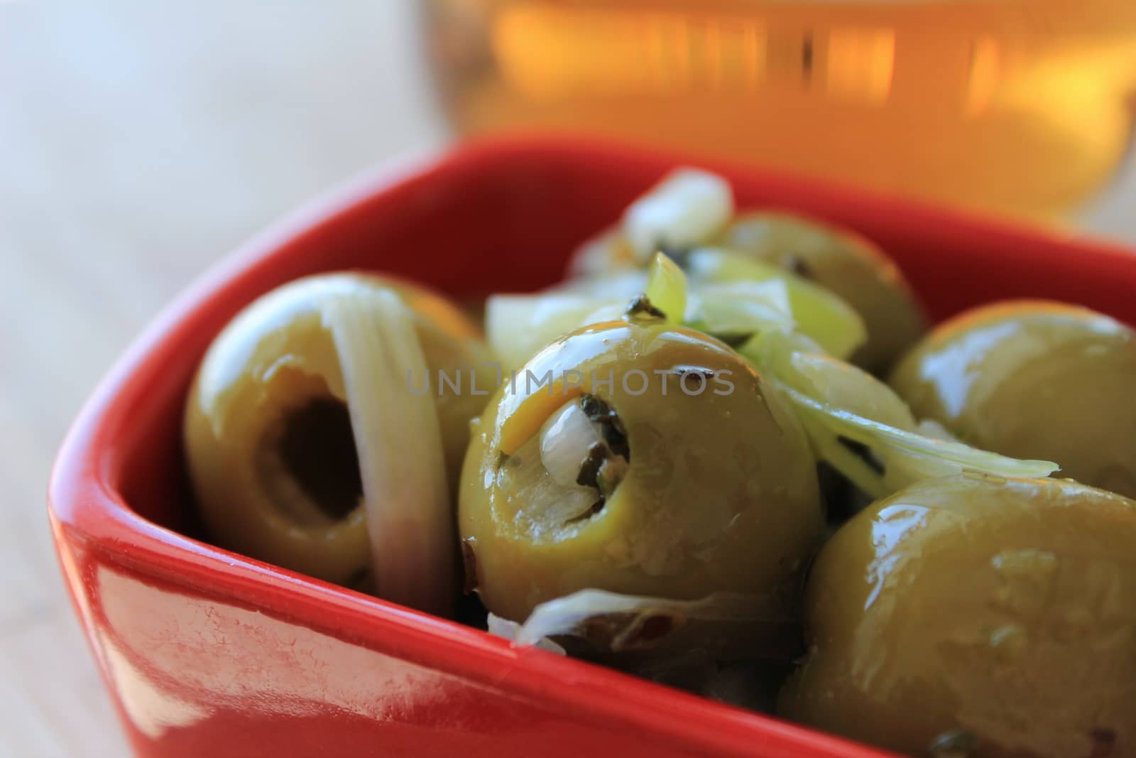 Delicious Spanish tapa. Olives with onion, oregano and olive oil by soniabonet