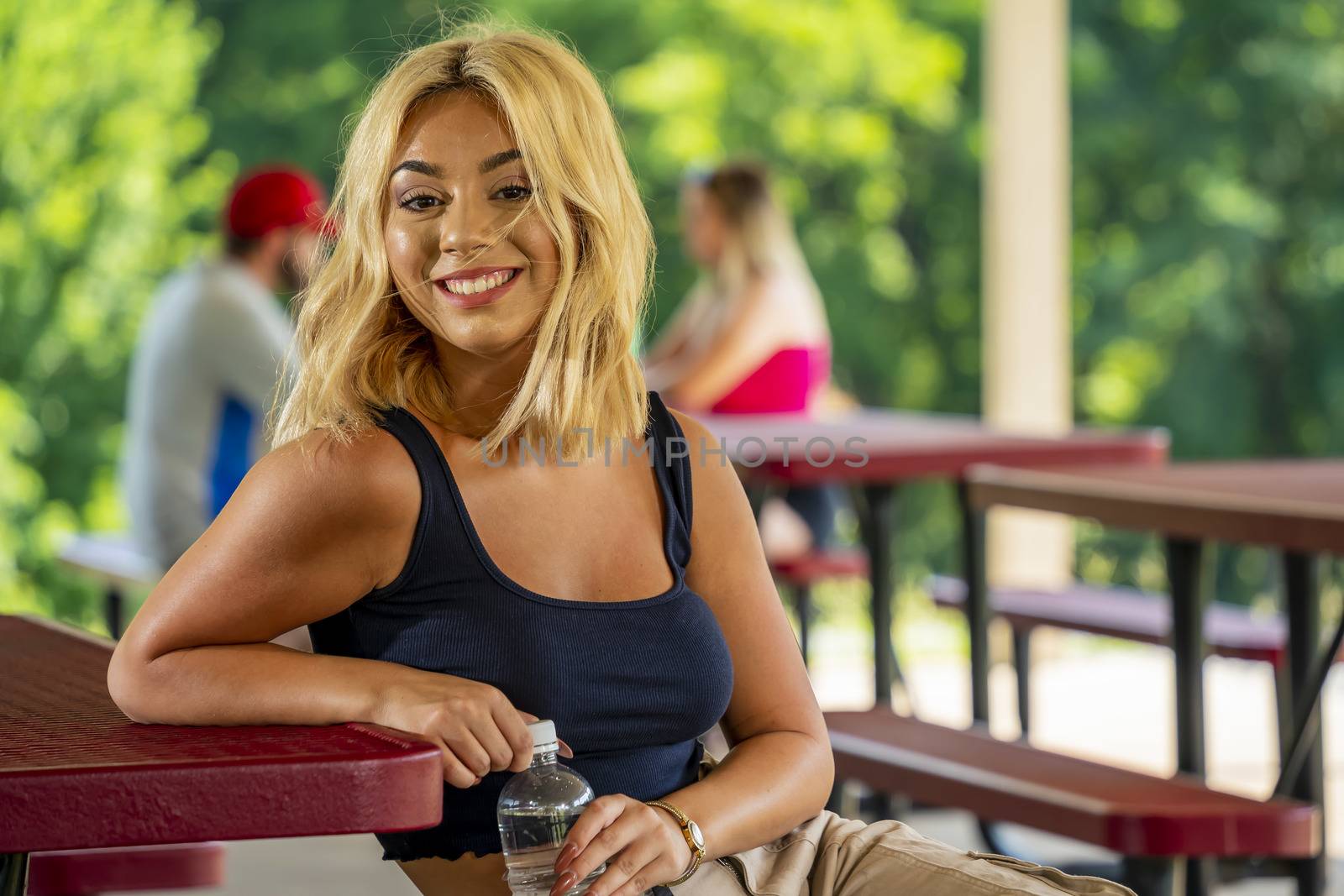 A gorgeous young blonde model enjoys a day outdoors while maintaining a safe distance from others during the Covid-19 pandemic