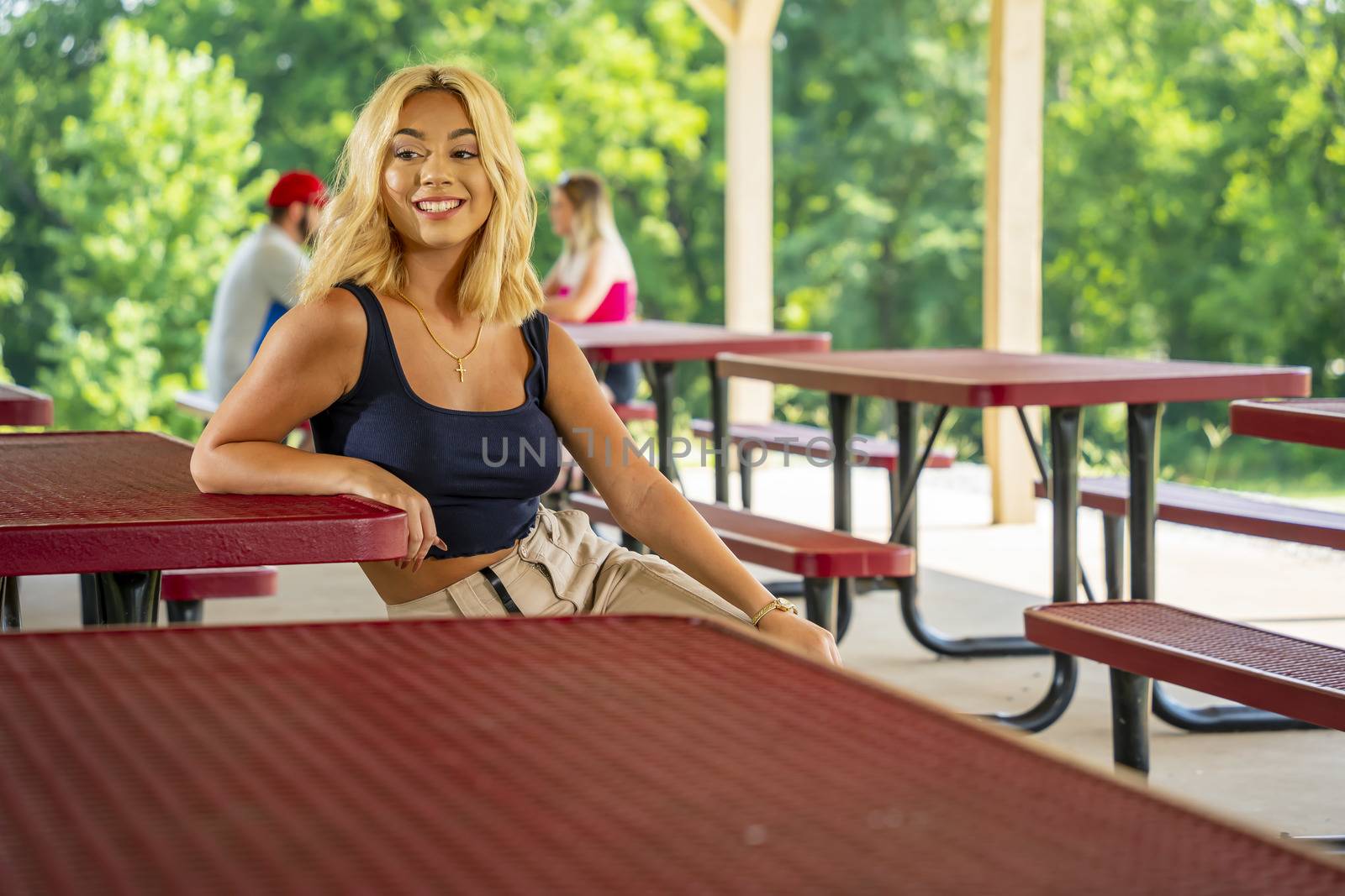 A gorgeous young blonde model enjoys a day outdoors while maintaining a safe distance from others during the Covid-19 pandemic