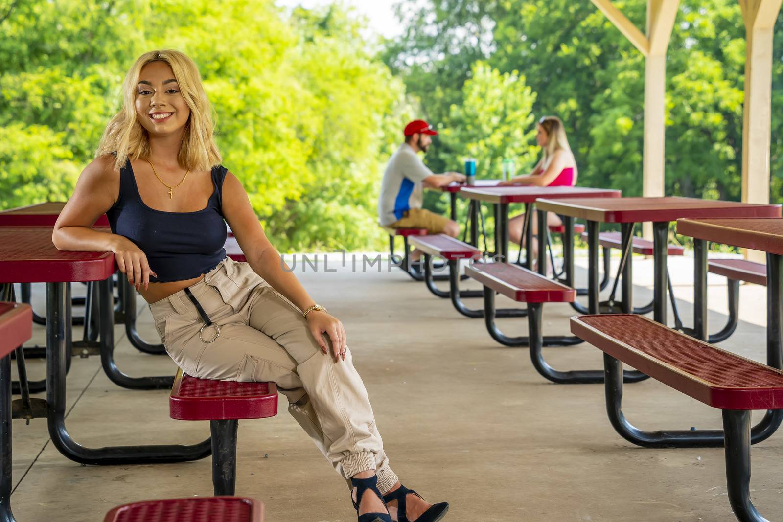 A gorgeous young blonde model enjoys a day outdoors while maintaining a safe distance from others during the Covid-19 pandemic