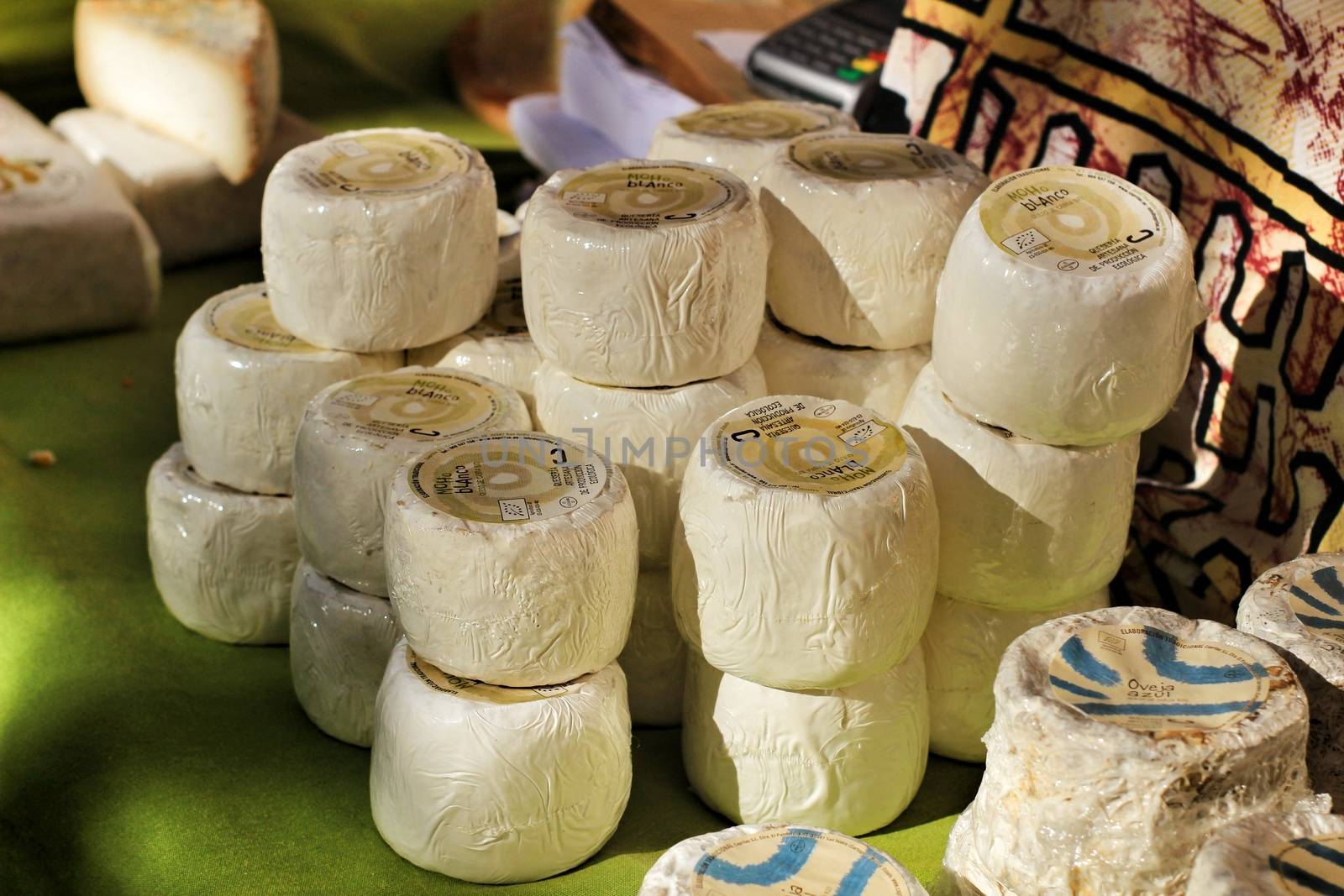 Elche, Alicante, Spain- December 1, 2018: Fresh products for sale at the local ecological market in the main square of the Raval neighborhood in Elche