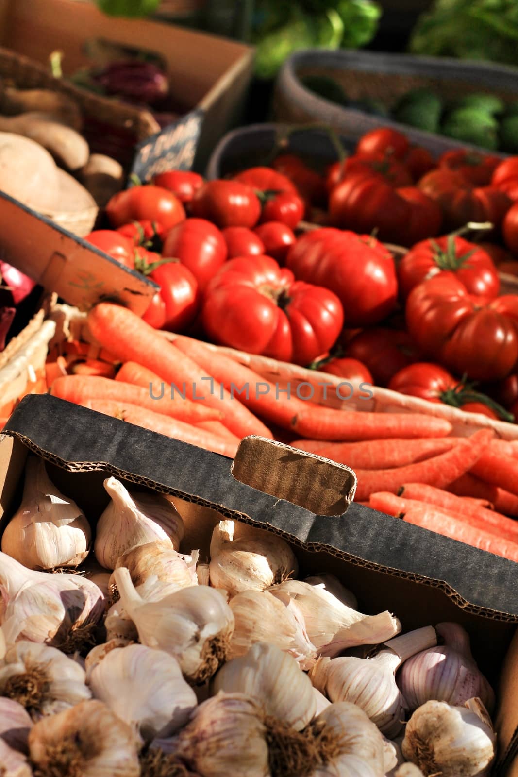 Vegetables for sale at a ecological market stall in Elche, Alicante, Spain.