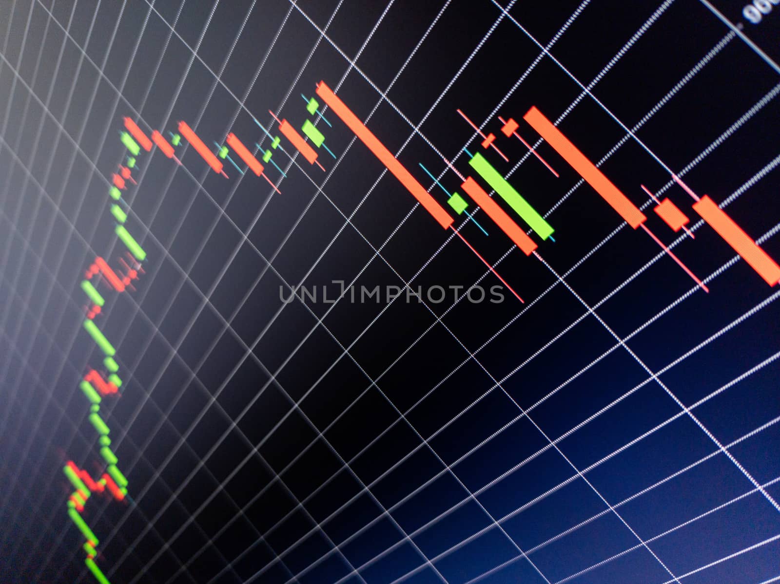 Abstract simple candlestick chart on dark blue digital screen. Display of quotes pricing graph visualization. Stock market data chart, graph with grid on blue background.