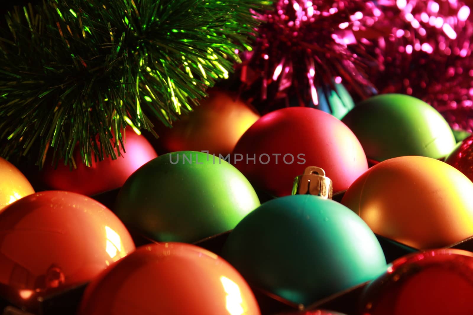 Beautiful and colorful Christmas tree balls and garlands