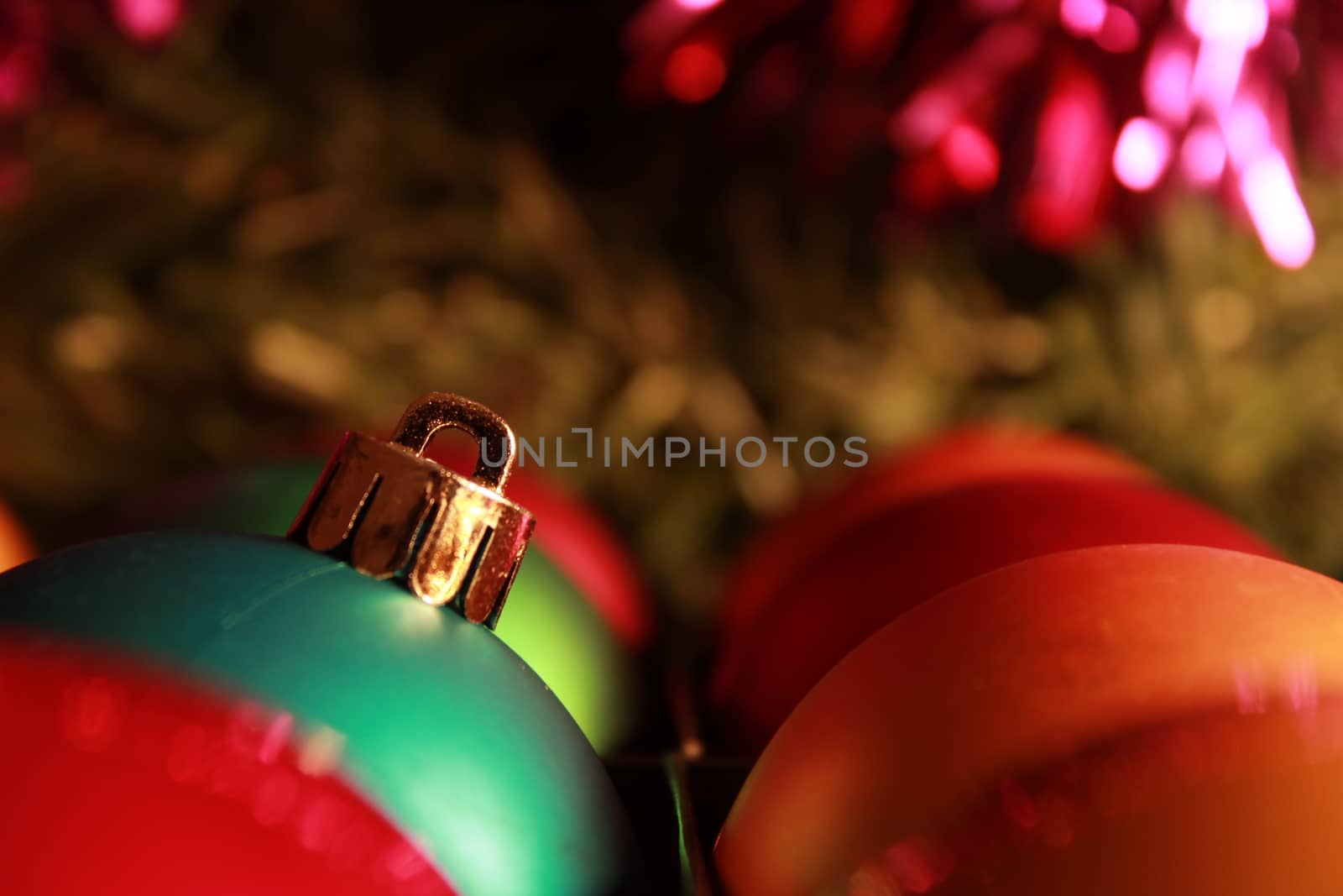 Beautiful and colorful Christmas tree balls and garlands