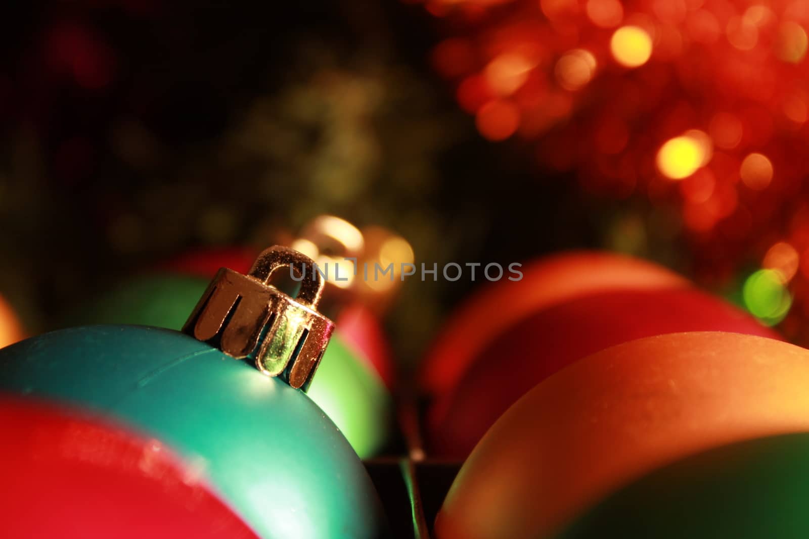 Beautiful and colorful Christmas tree balls and garlands