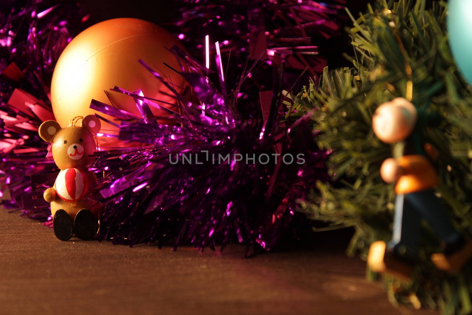 Christmas tree balls, garlands and other colorful decorative elements
