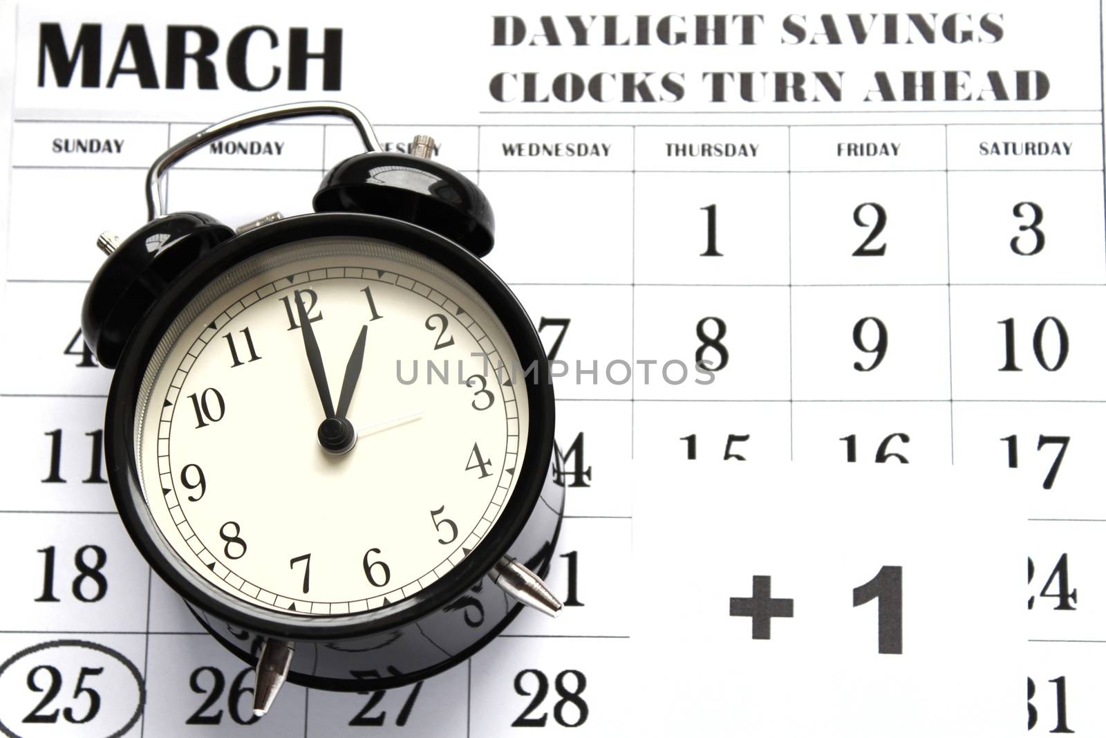 Daylight Savings Spring Forward sunday at 1:00 a.m. March 25 date indicated in the calendar.