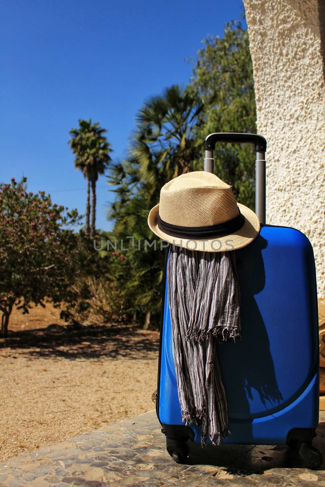 Suitcase prepared for the holidays with striped foulard and white hat. Palm tree and blue sky in the background