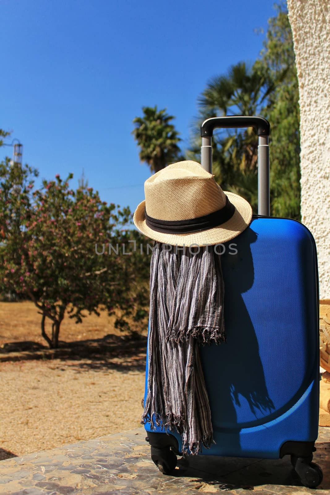 Suitcase prepared for the holidays with striped foulard and white hat. Palm tree and blue sky in the background