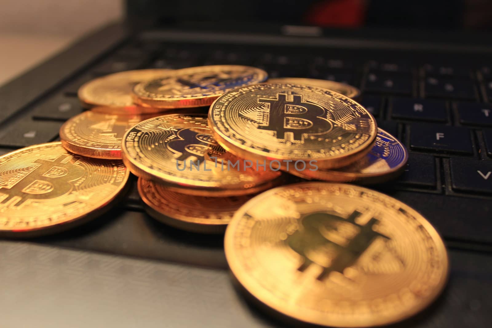 Many Golden bitcoins on white background