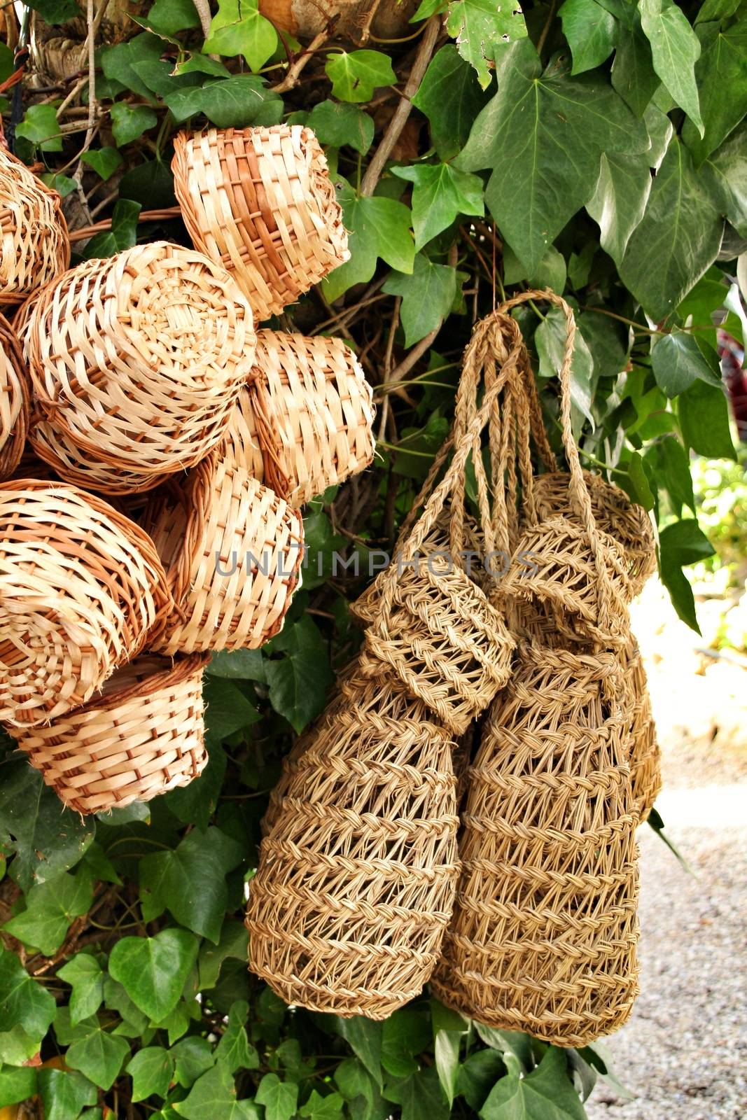 Traditional craft hemp baskets for sale in Elche, Alicante province, Spain.