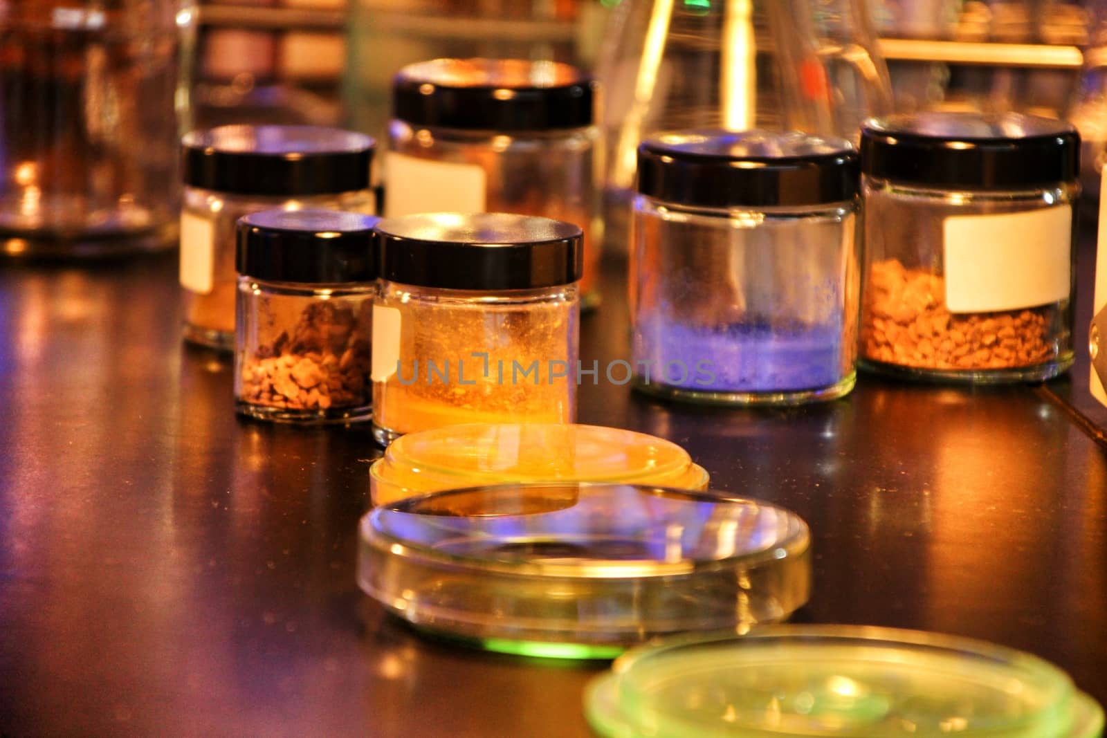 Glass test tubes and pots in a laboratory in Spain