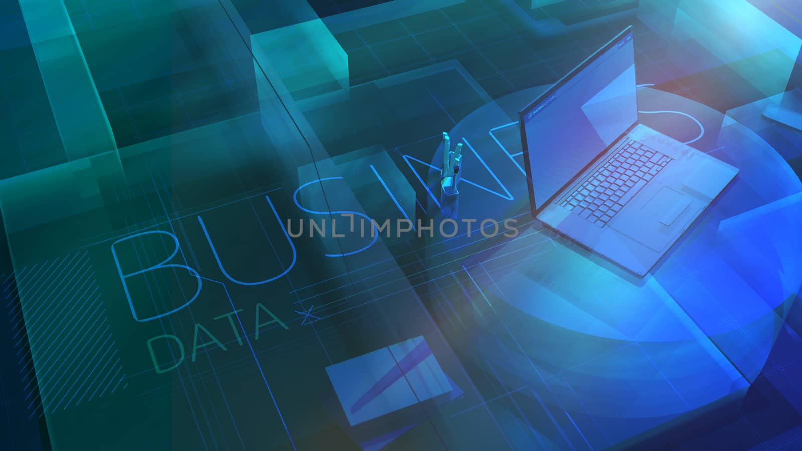 Corporate background in green and blue with an open laptop on the subject of Business Data.