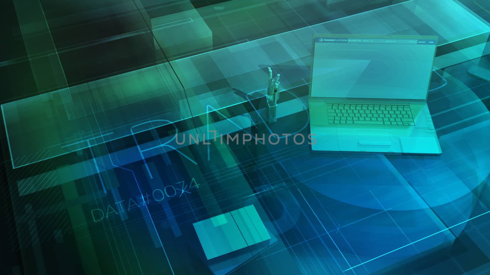 Corporate 3D background with a laptop and stationery on the subject of Trading Data.