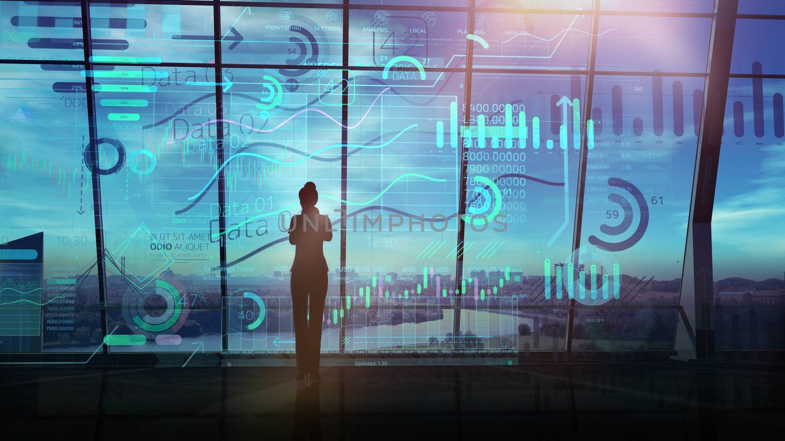 Silhouette of a business woman and a large array of infographics in front of the panoramic window of a dark office.