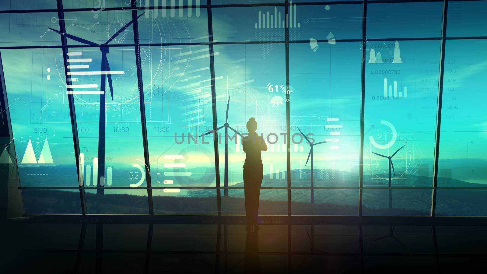 Silhouette of a business woman is standing in the office with large windows overlooking the wind power stations, and in front of it is a virtual infographic.