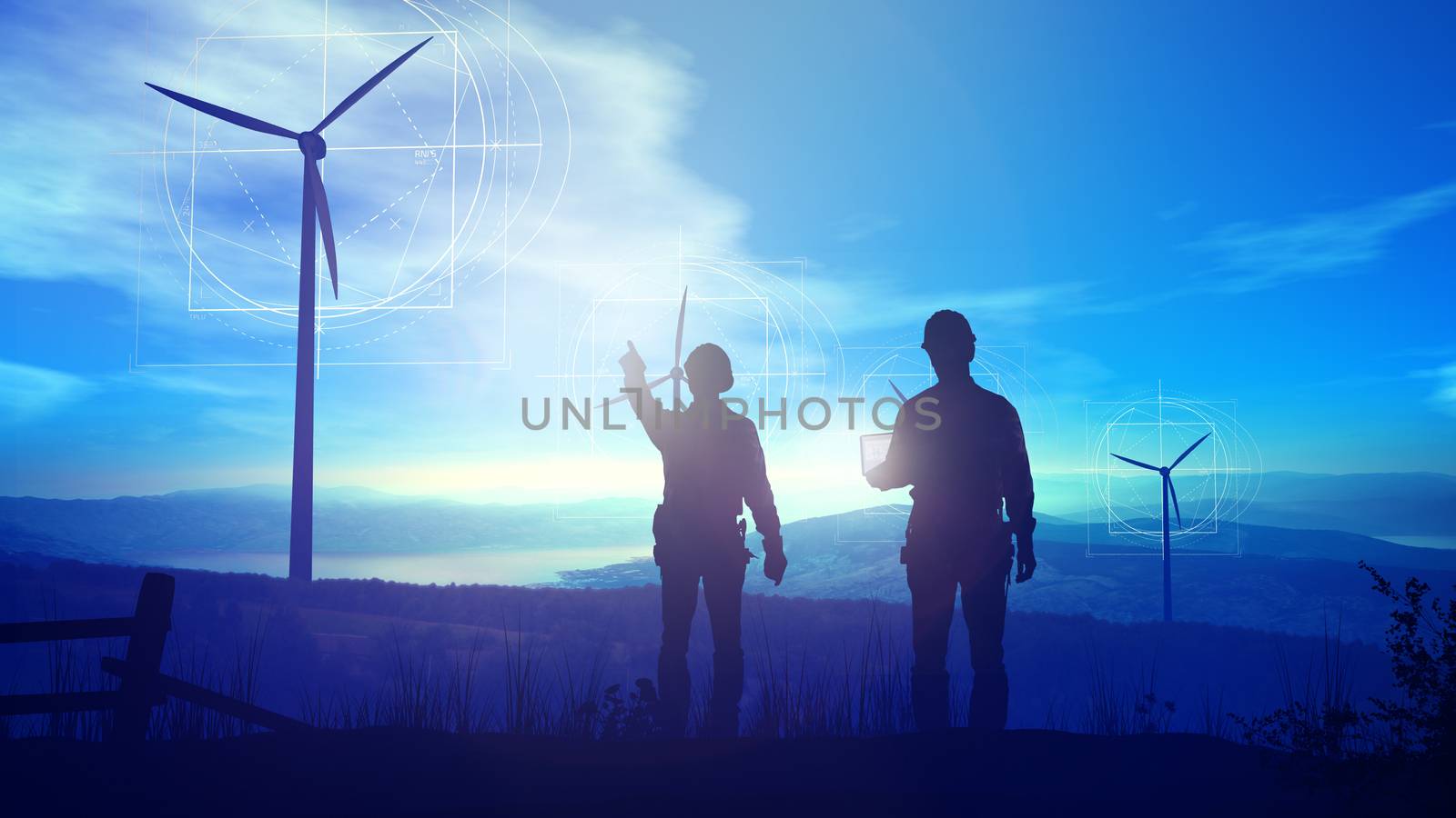Silhouettes of engineers against the backdrop of dawn and wind farms, while infographics are visible in augmented reality.