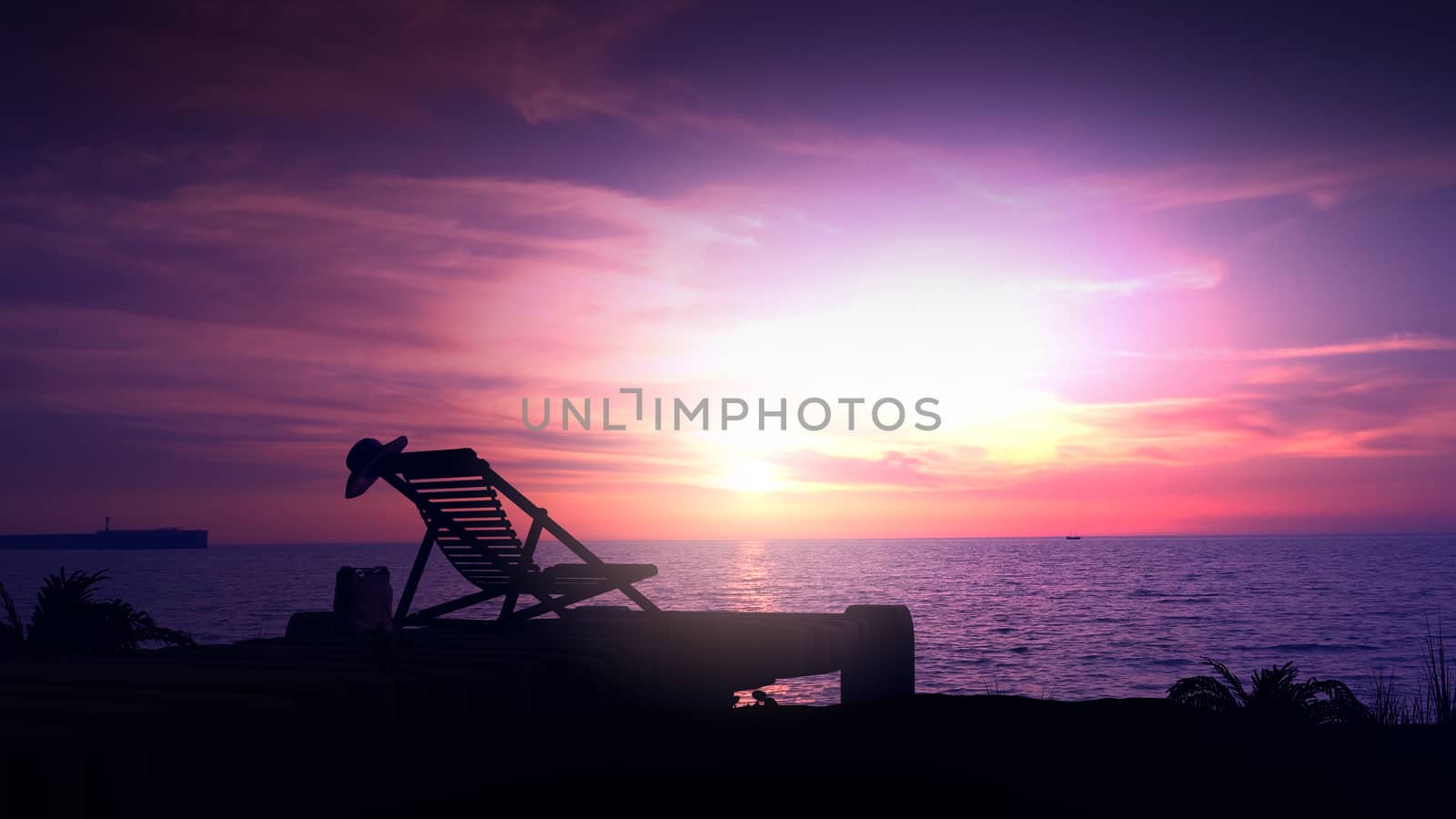 Against the backdrop of a purple sunset, a lonely deck chair on an empty shore.