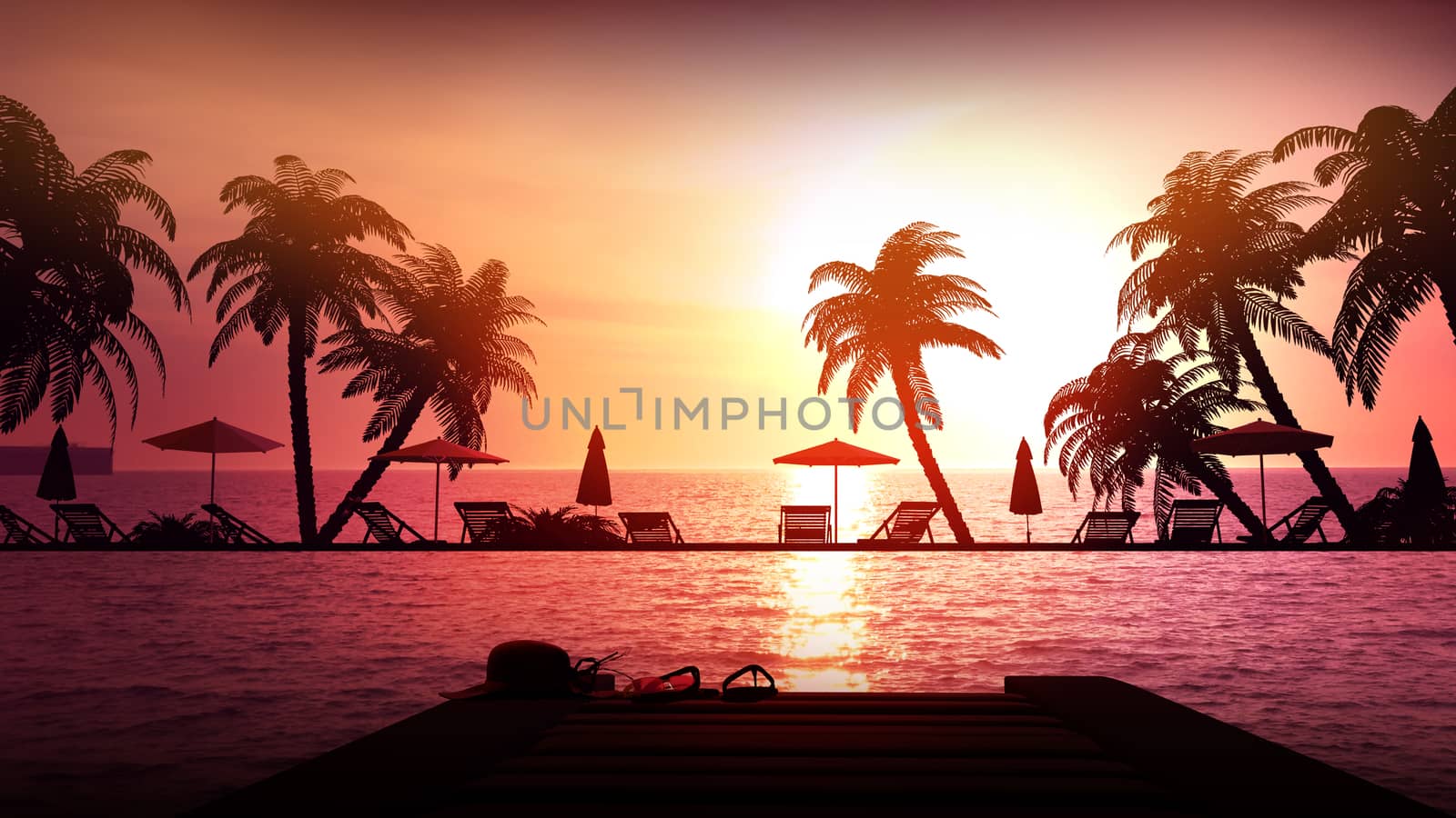 Empty resort area with palm trees at sunset. by ConceptCafe