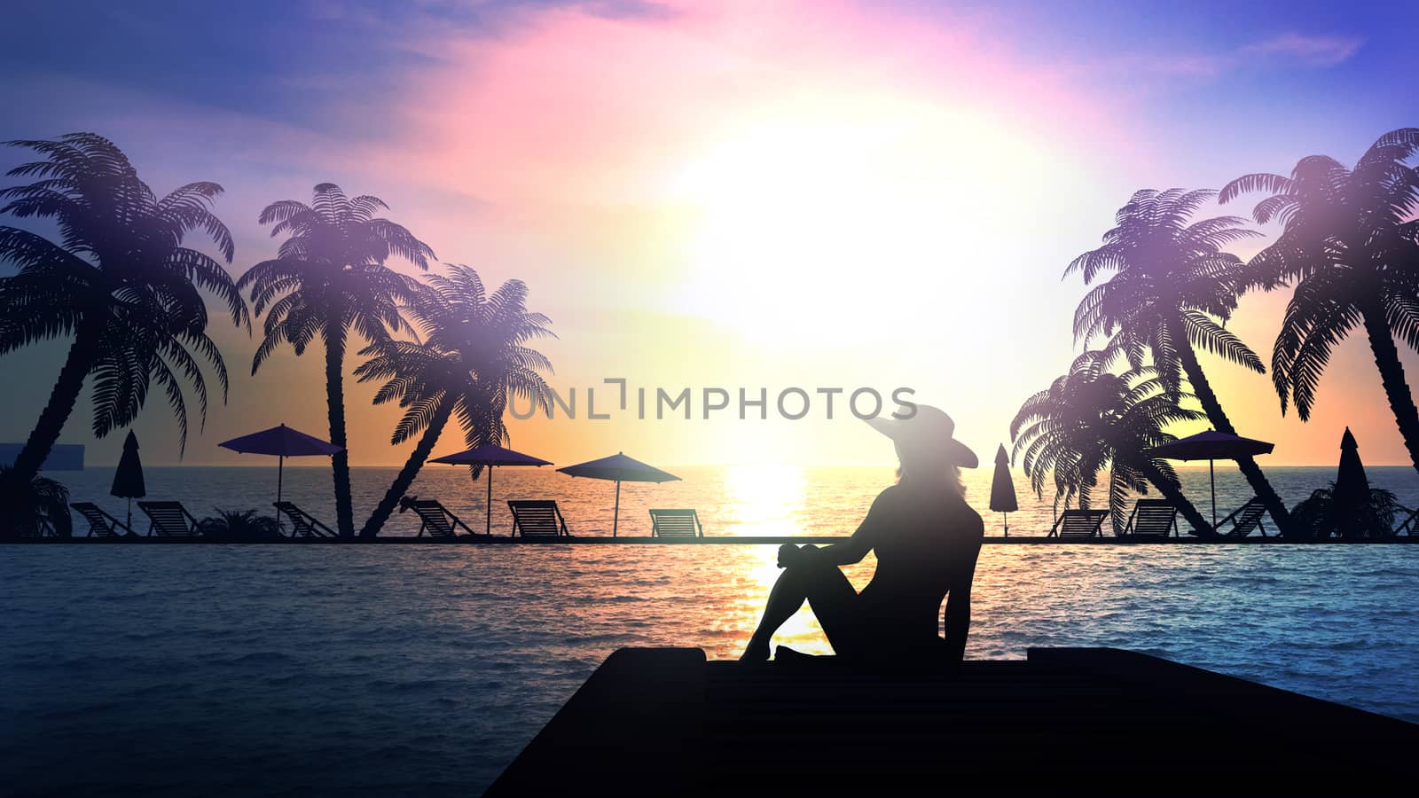 A woman in a swimsuit sits on a wooden pier and enjoys the ocean sunset.