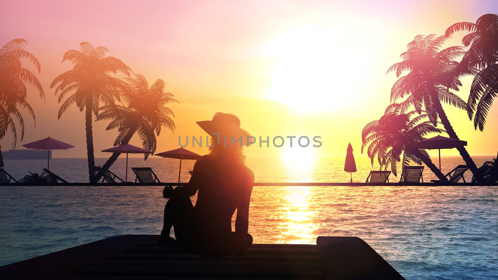 A woman in a swimsuit at the resort during sunset.