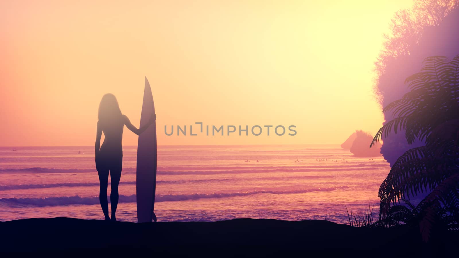 Silhouette of a surfer woman on a background of bright red sunset.