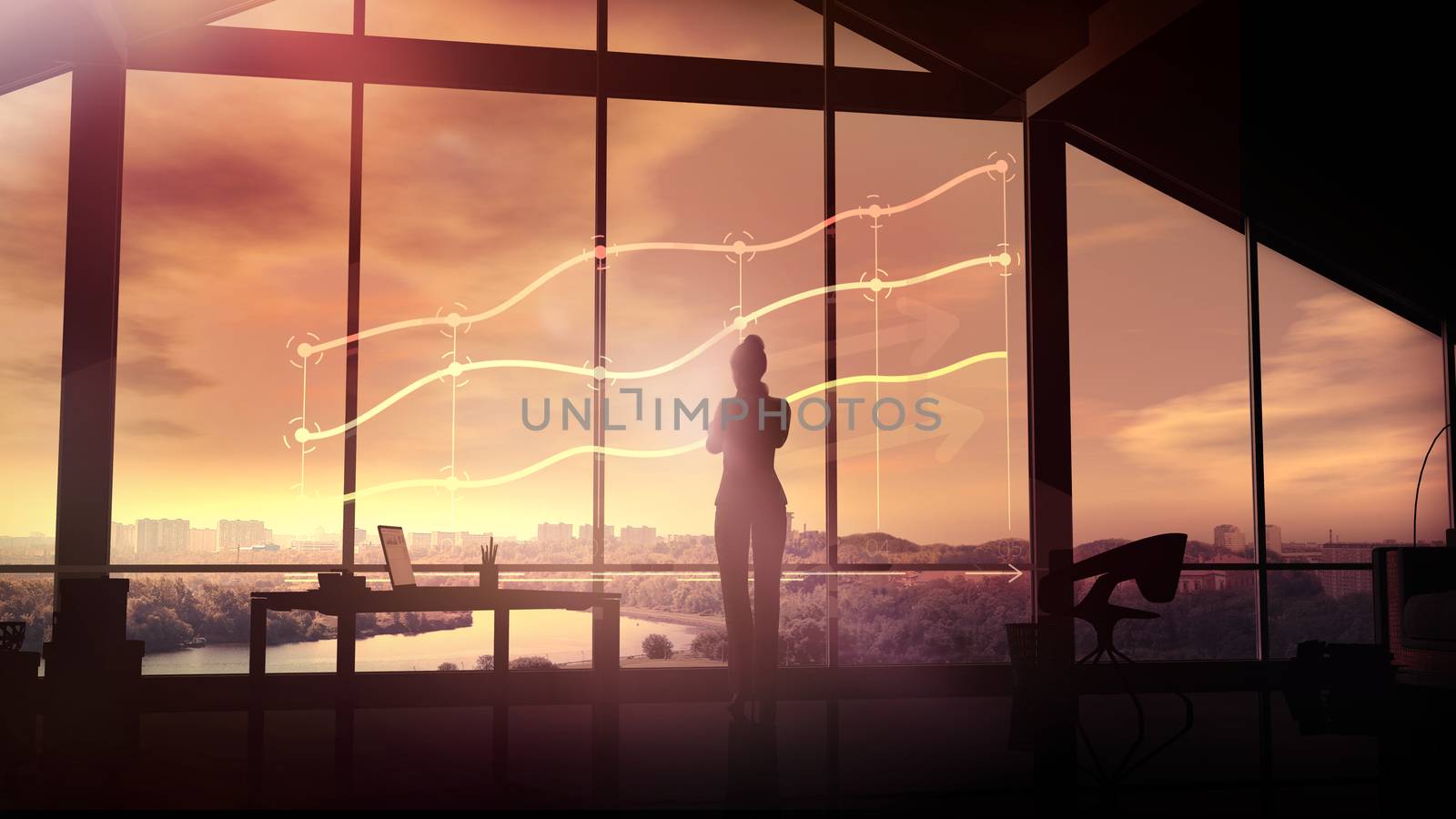 Silhouette of a businesswoman looks at the infographics at sunset. by ConceptCafe