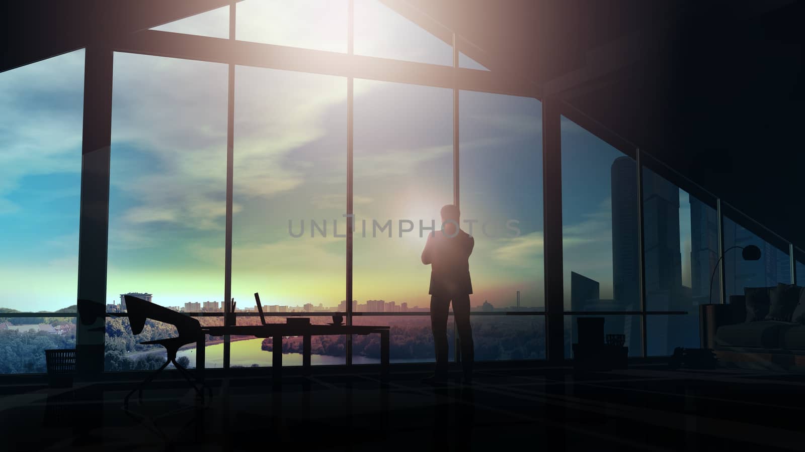 In front of a panoramic office window, a silhouette of a man in a suit looks at the cityscape.
