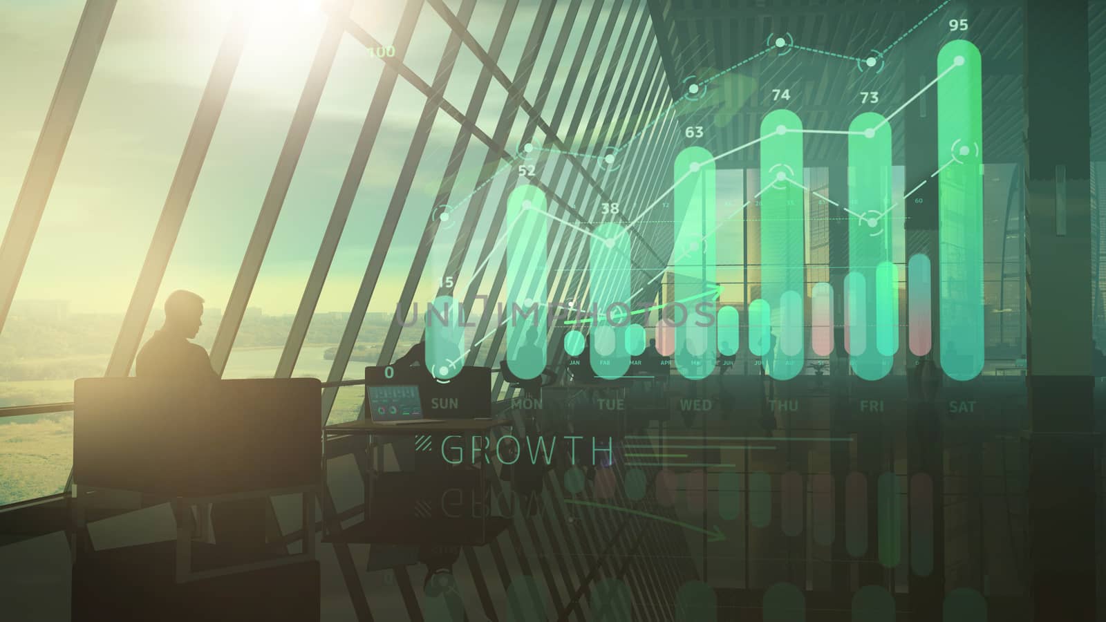 Corporate background office and holographic growth infographic. by ConceptCafe