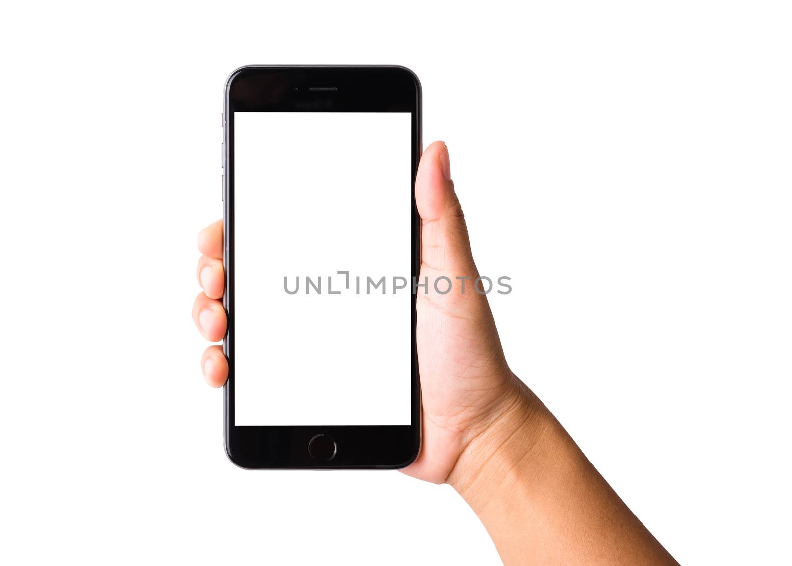 Woman hand holding a smartphone blank white screen by Sorapop