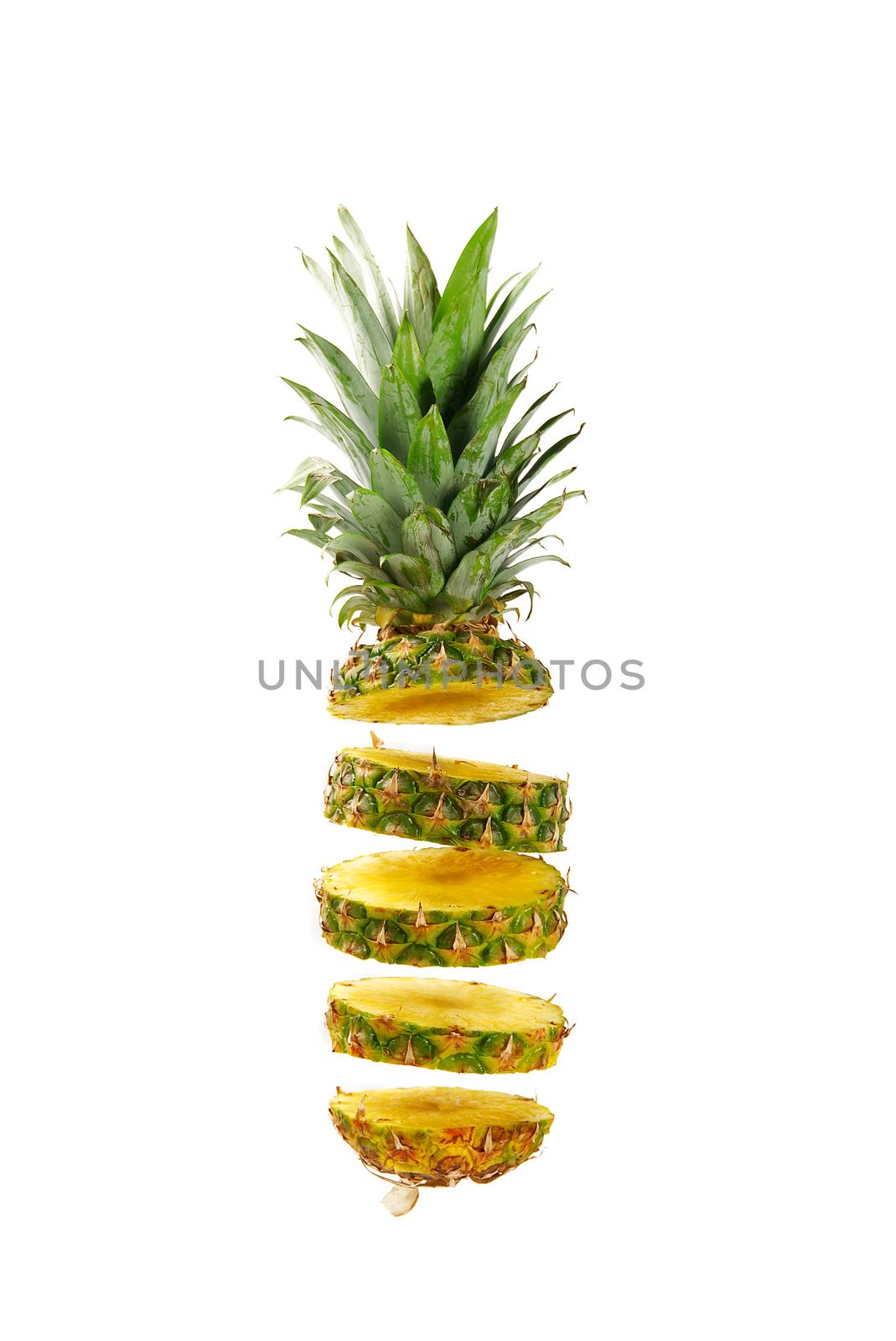 Pineapple fresh ananas. Pineapple sliced, levitates in the air. Concept of summer mood on white background, isolate. Tropical fruit. by PhotoTime