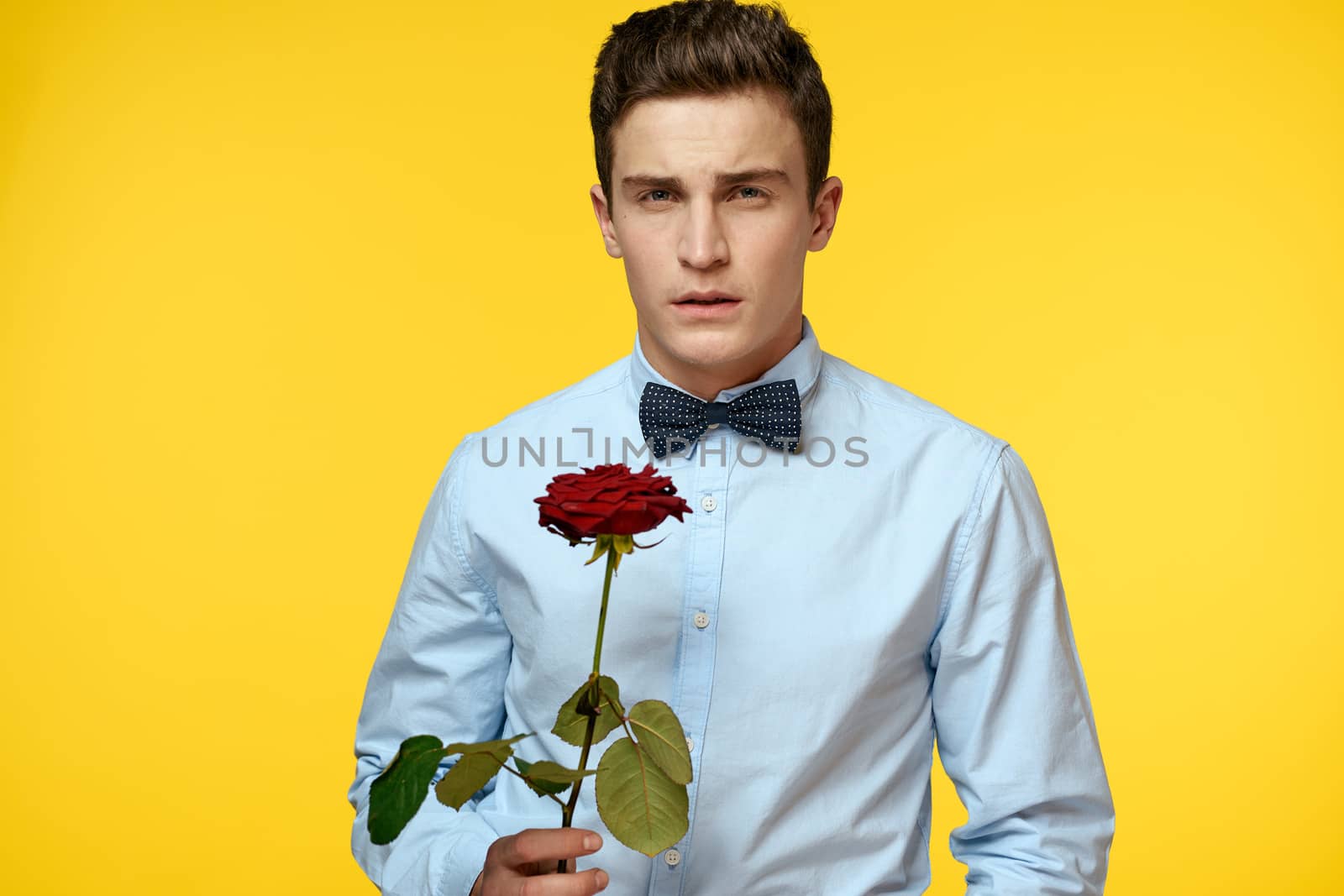 Portrait of a man with a red rose on a yellow background and a light shirt bow tie gentleman by SHOTPRIME