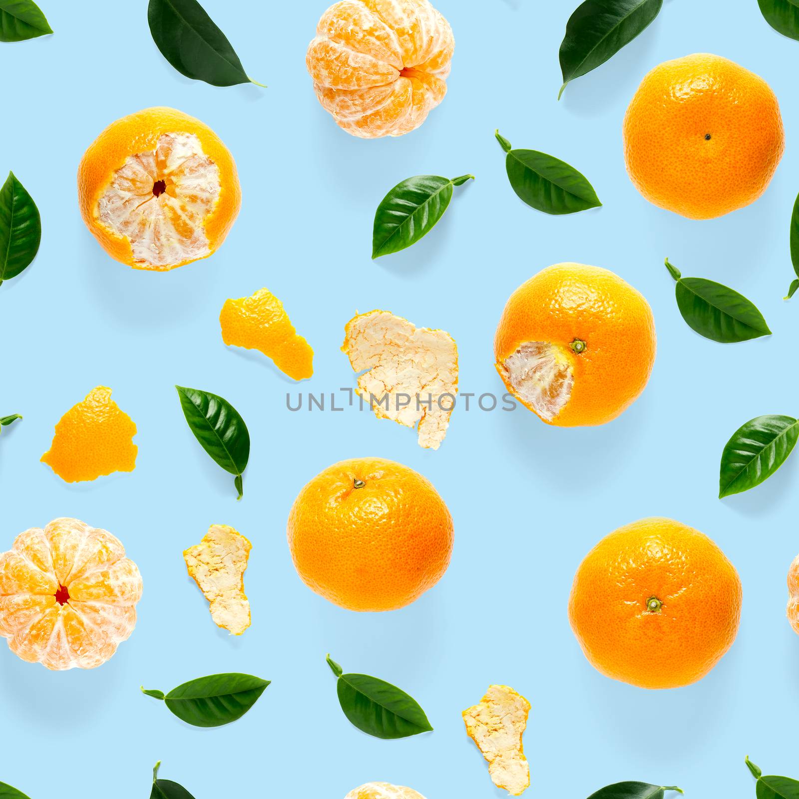 Mandarin seamless pattern, tangerine, clementine isolated on blue background with green leaves. Collection of fine Mandarine seamless patterns.