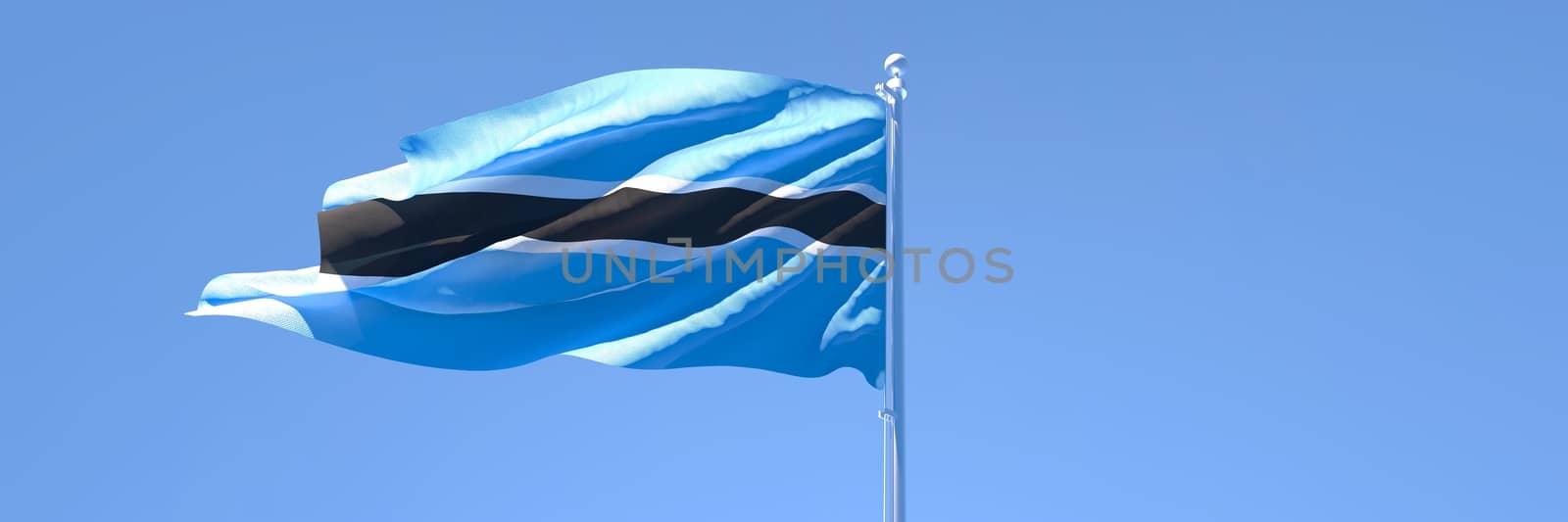 3D rendering of the national flag of Botswana waving in the wind against a blue sky