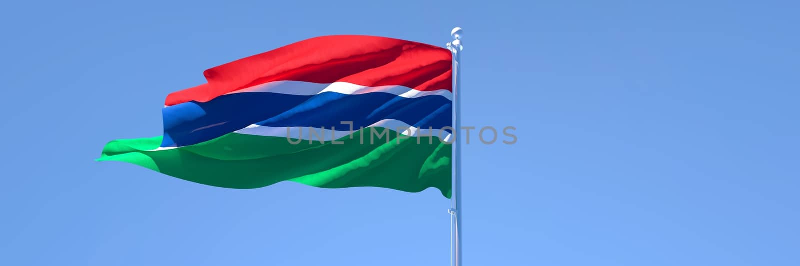 3D rendering of the national flag of Gambia waving in the wind against a blue sky.