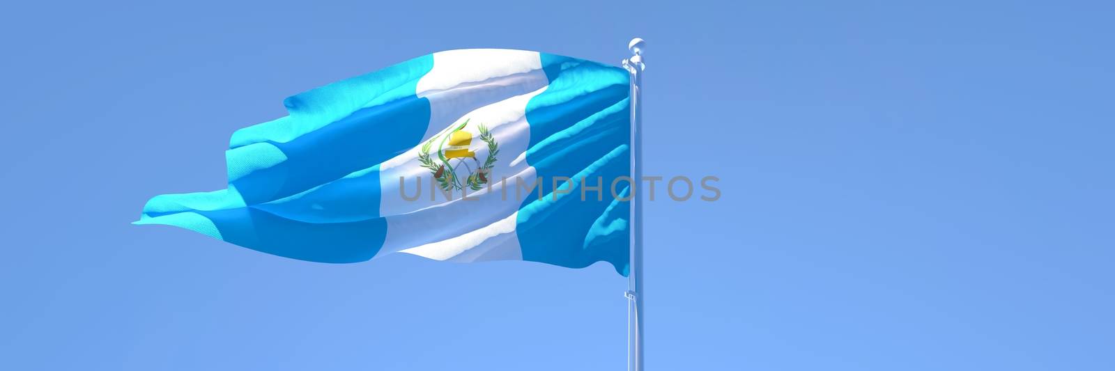 3D rendering of the national flag of Guatemala waving in the wind against a blue sky