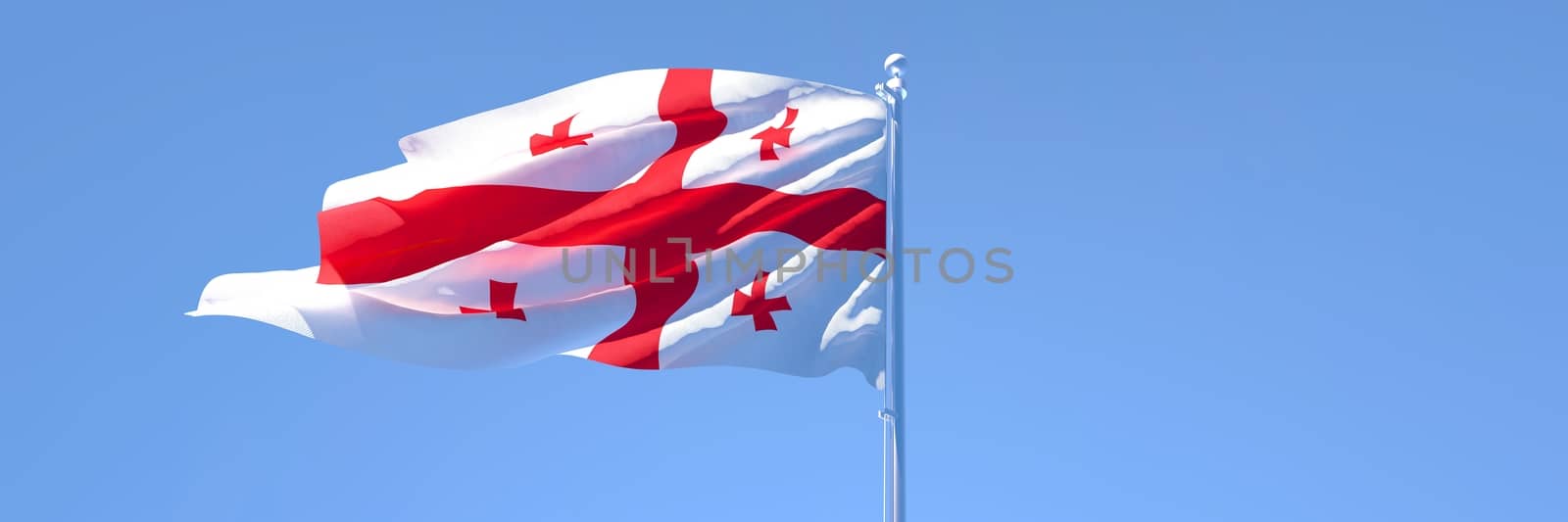 3D rendering of the national flag of Georgia waving in the wind against a blue sky