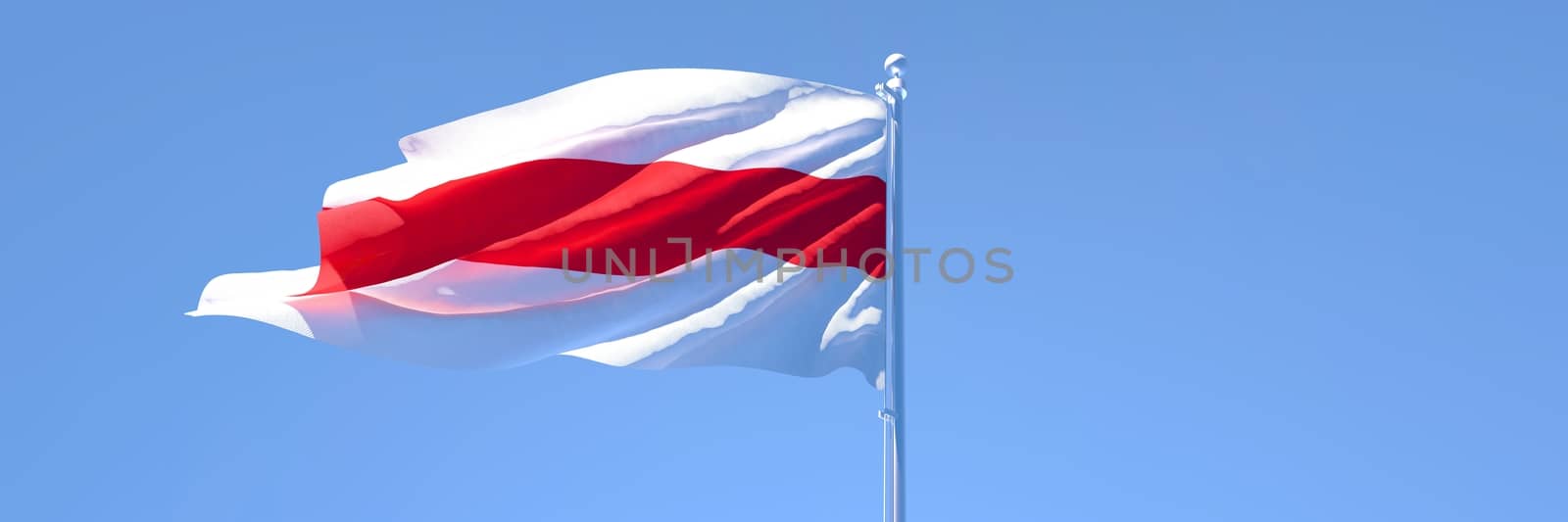 3D rendering of the national flag of Belarus waving in the wind against a blue sky