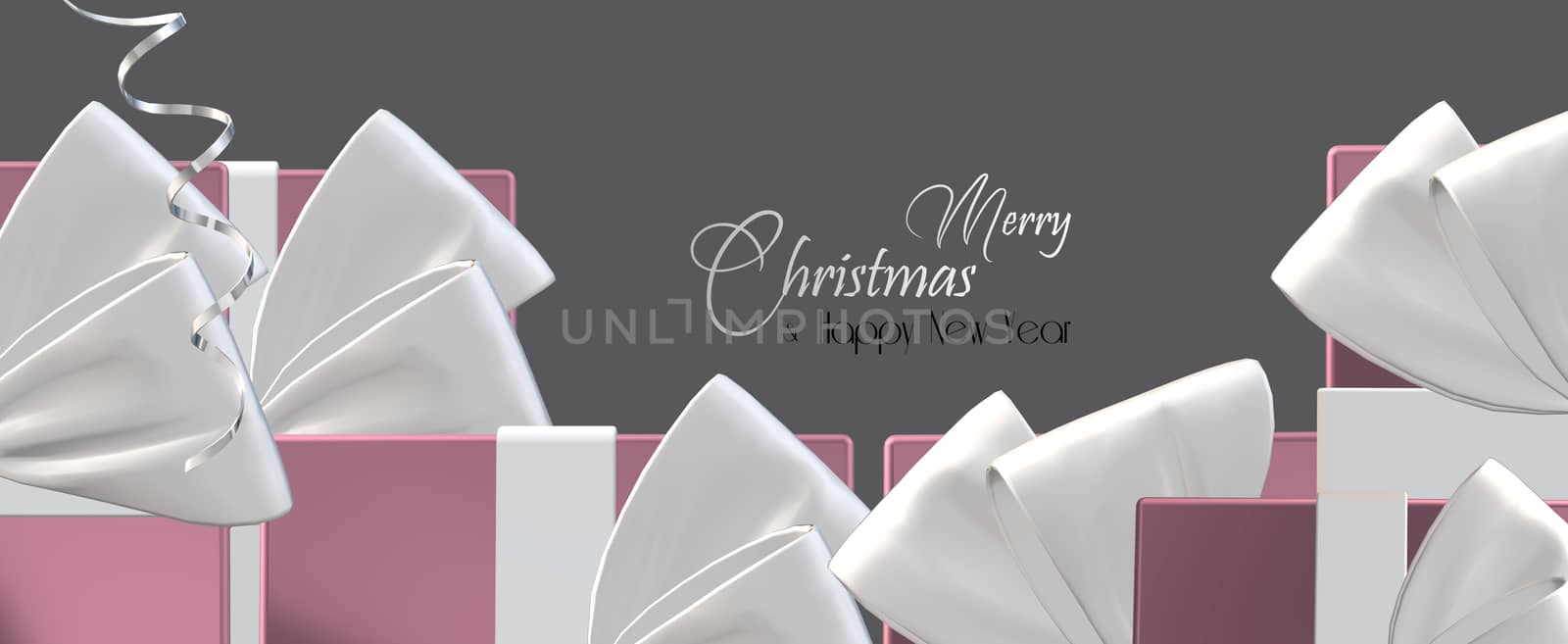 Christmas luxury background, border with realistic shiny pink gift boxes with white bow, glossy serpentine on pastel horizontal background. Text Merry Christmas Happy New Year. 3D Illustration.