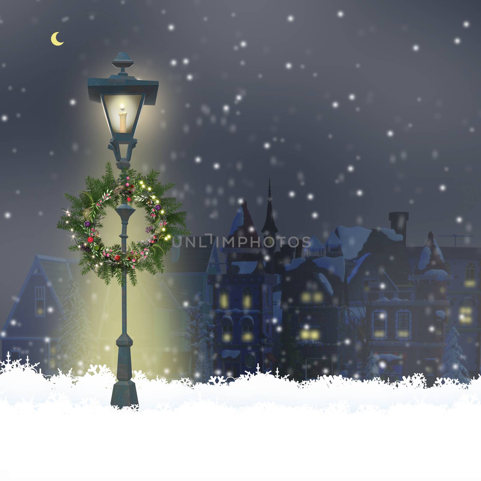 Christmas magic night with old cityscape, snow, street lights, floral wreath in 3D illustration, design for Christmas New Year card.