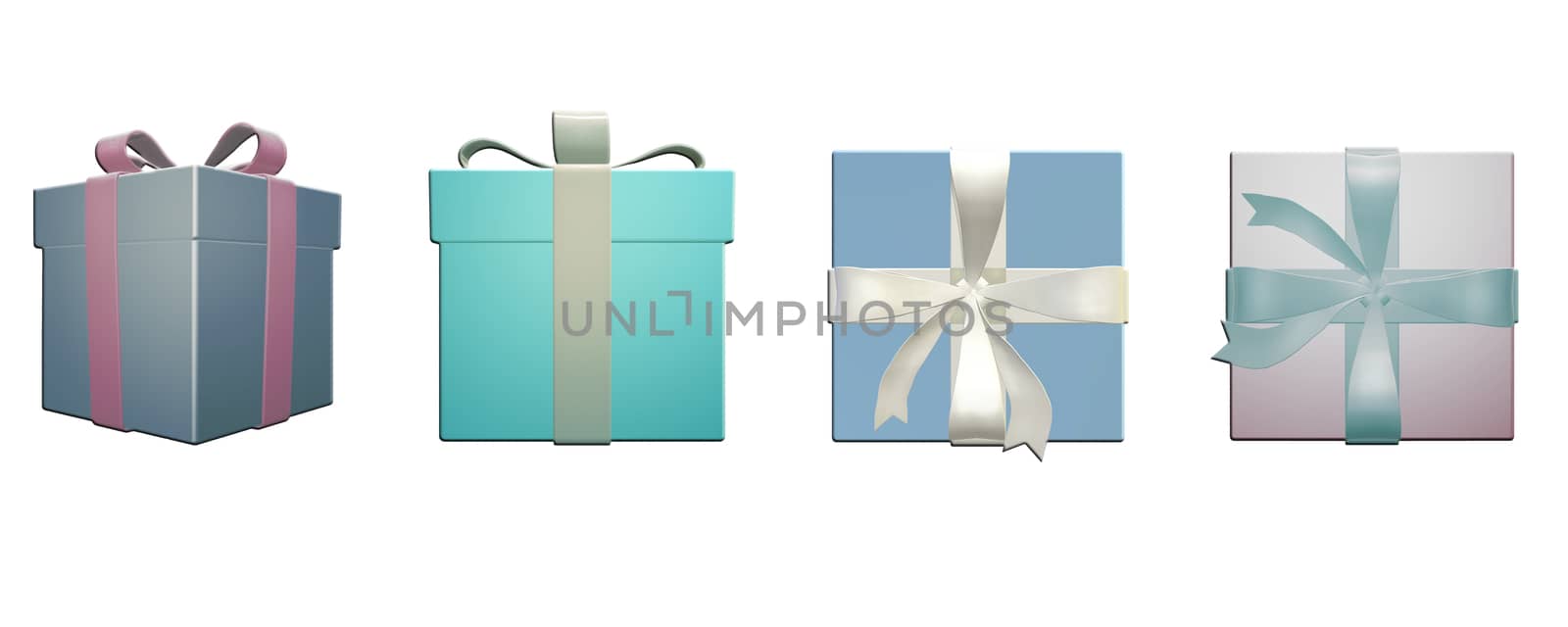 Holiday Christmas background with border of turquoise blue gift boxes with bow on white background, horizontal, 3D illustration