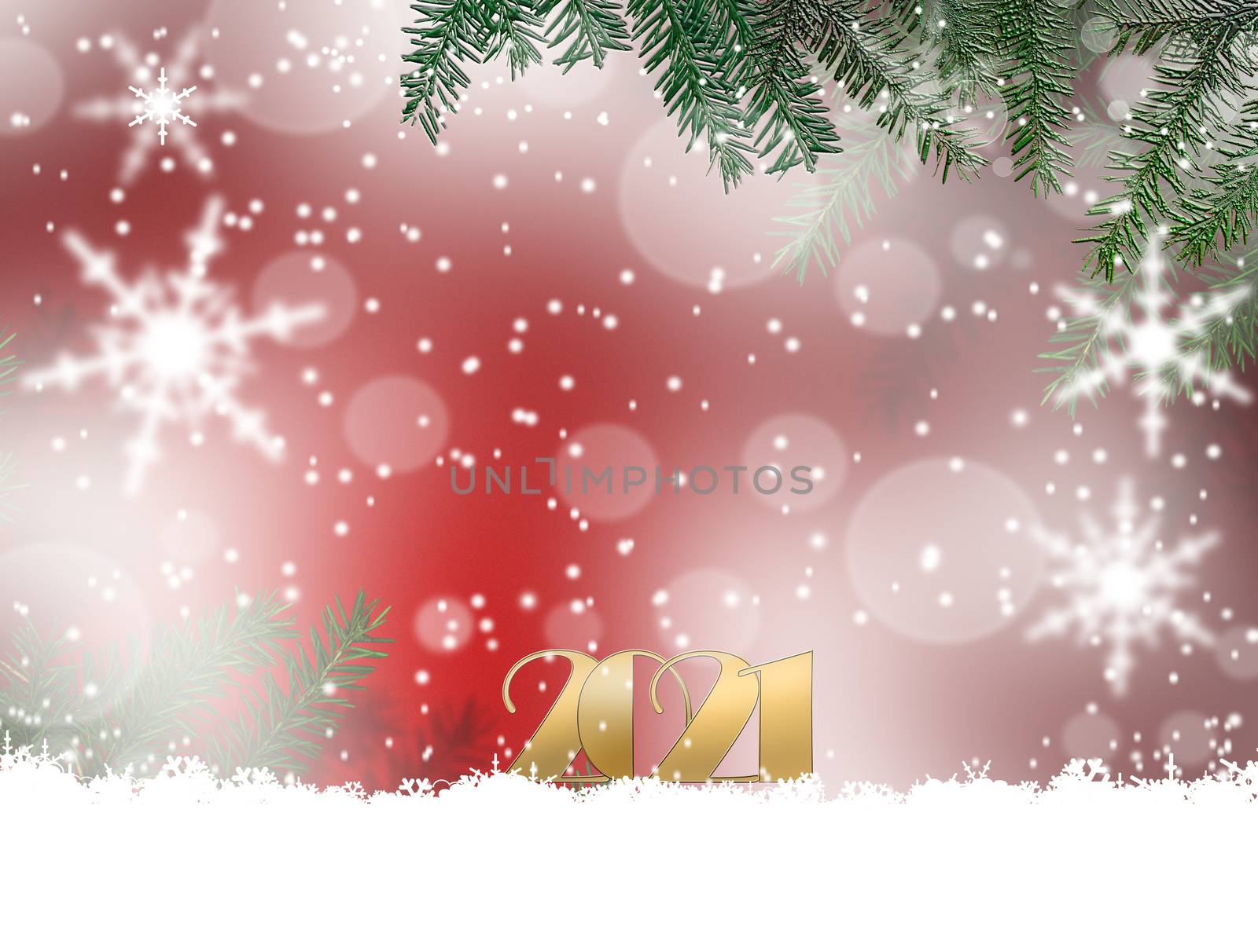 Christmas 2021 New Year background with fir tree, snowflakes, gold digit 2021 in snow, bokeh on wooden board. Place for text, mockup. 3D illustration