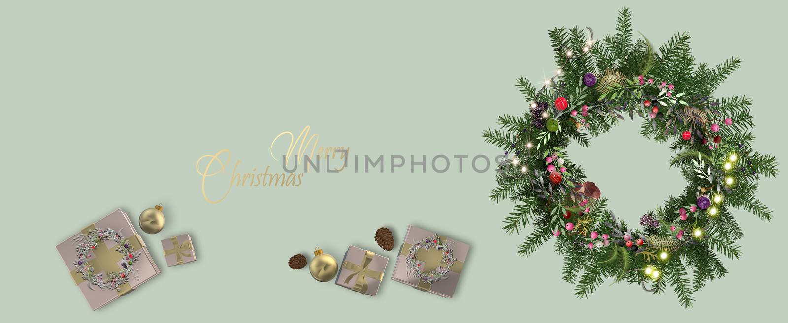Christmas, border with realistic shiny pink gift boxes, floral Xmas wreath with fir branches on green pastel horizontal background. Gold text Merry Christmas, Copy space, mock. 3D Illustration.