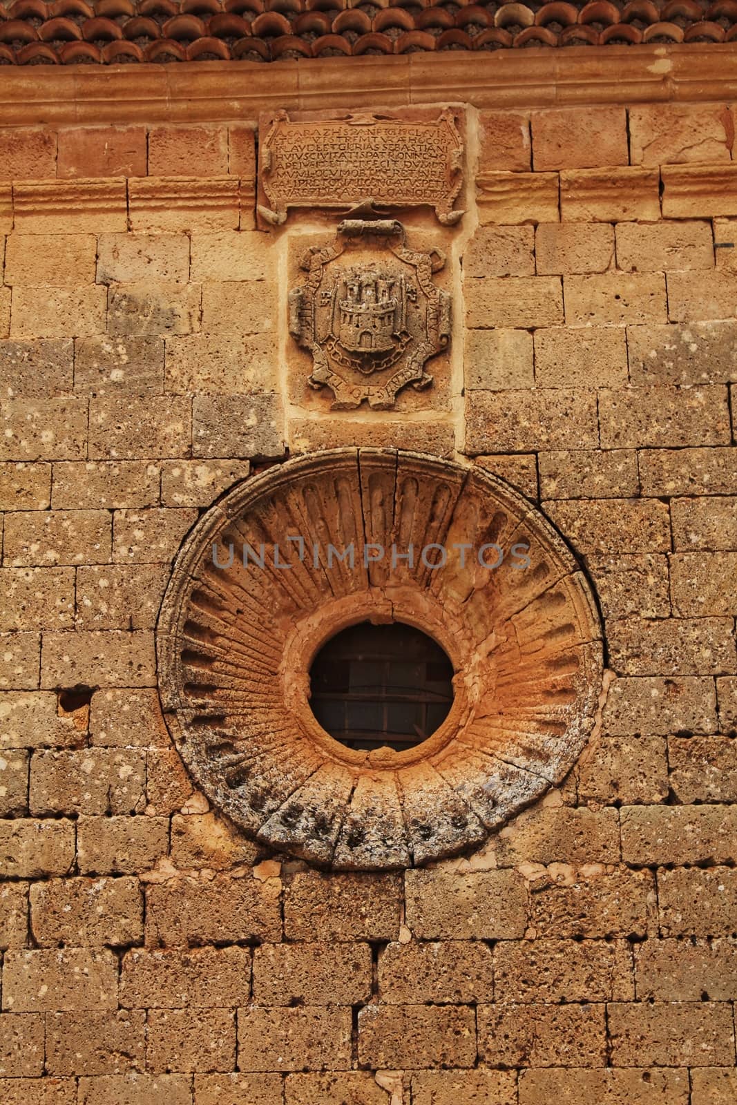 Old stone rosette in plaza Mayor in Alcaraz, Castile-La Mancha, Spain