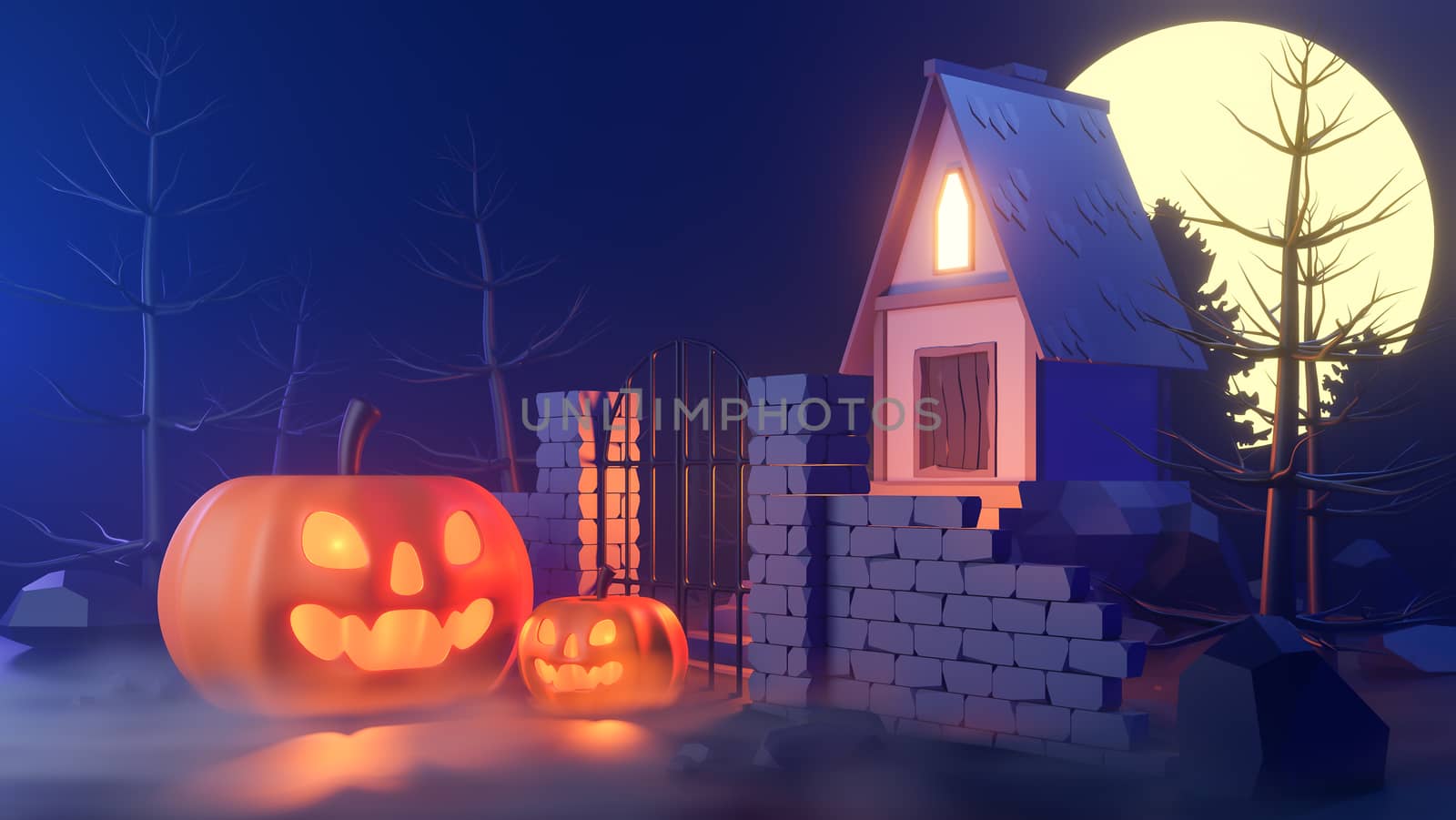 halloween theme with pumpkins and a house at night.,3d model and illustration.
